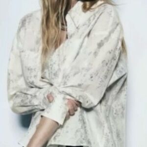 Zara Brushed Silver Metallic Foil White Cotton Button-Up Blouse | S | NWT